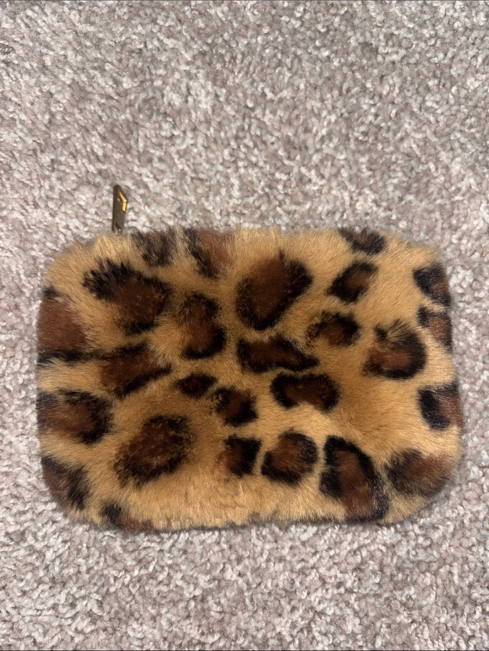 Faux Fur Leopard Print Zip Pouch - Brown